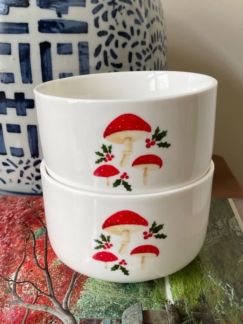 White Bowls with Mushroom Toadstool Design (Pair)